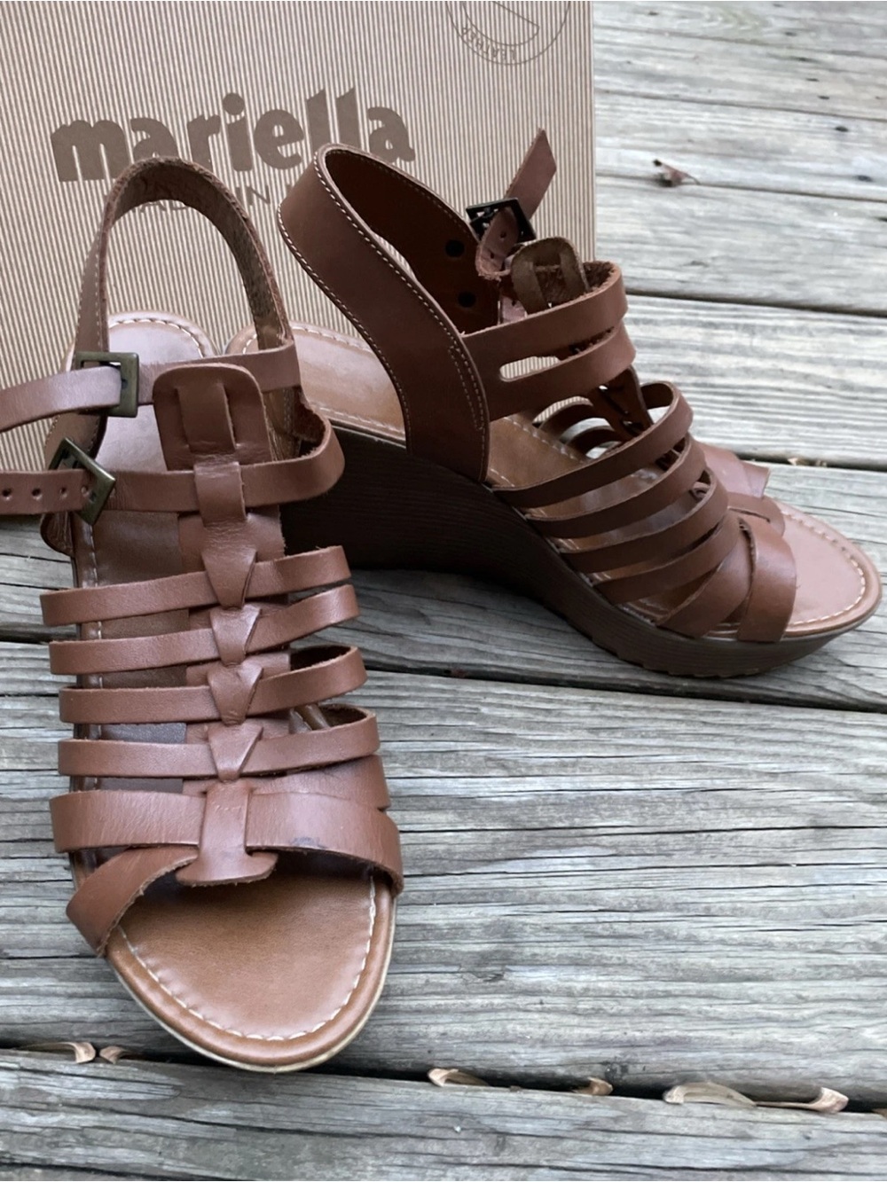 MARIELLA Cognac Brown Strappy Leather Wedge Sandals